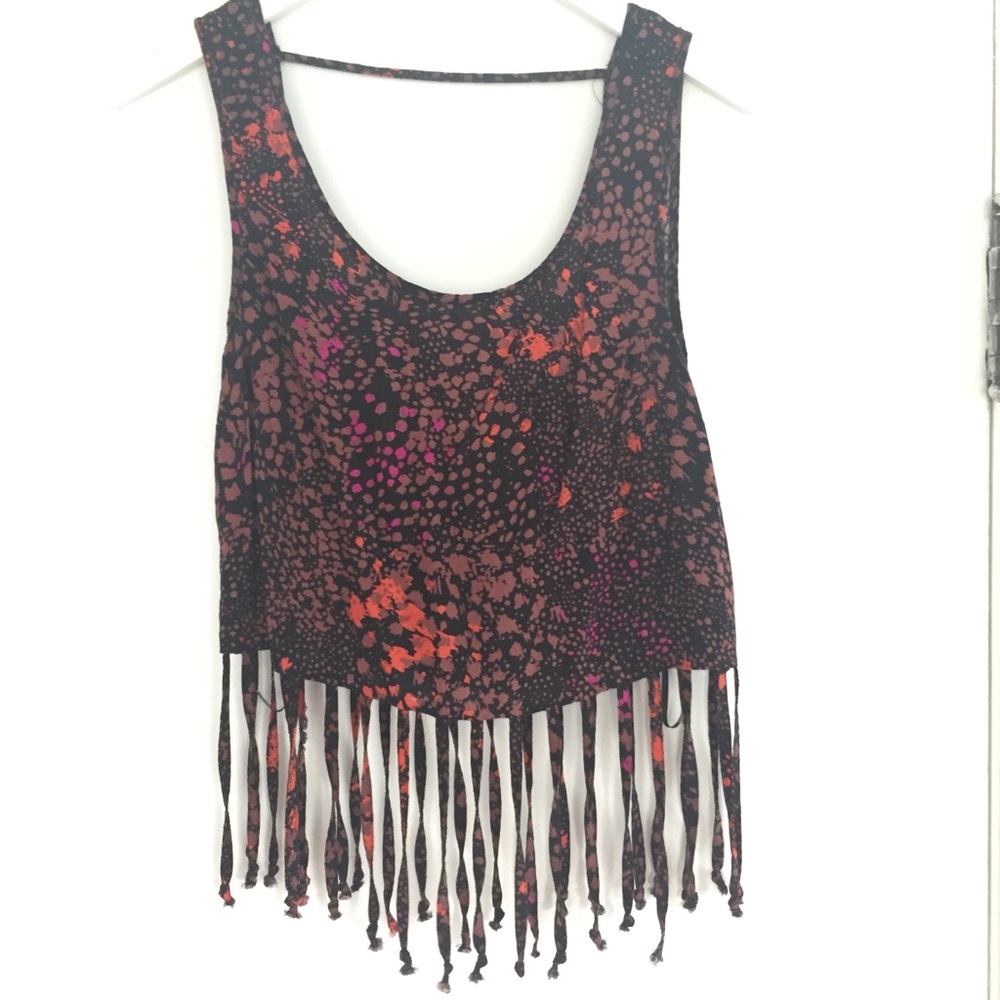 Neon Paint Splattered Crop Top with Fringe